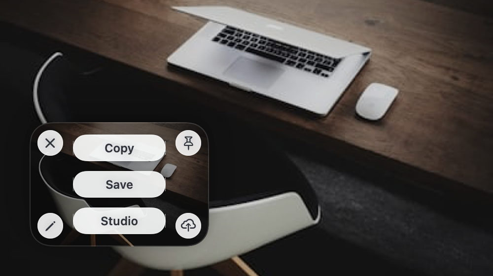 PasteNotch’s actual screenshot thumbnail on hover, with Copy, Save, Screenshot Studio, pin, annotate, and Cloud controls.